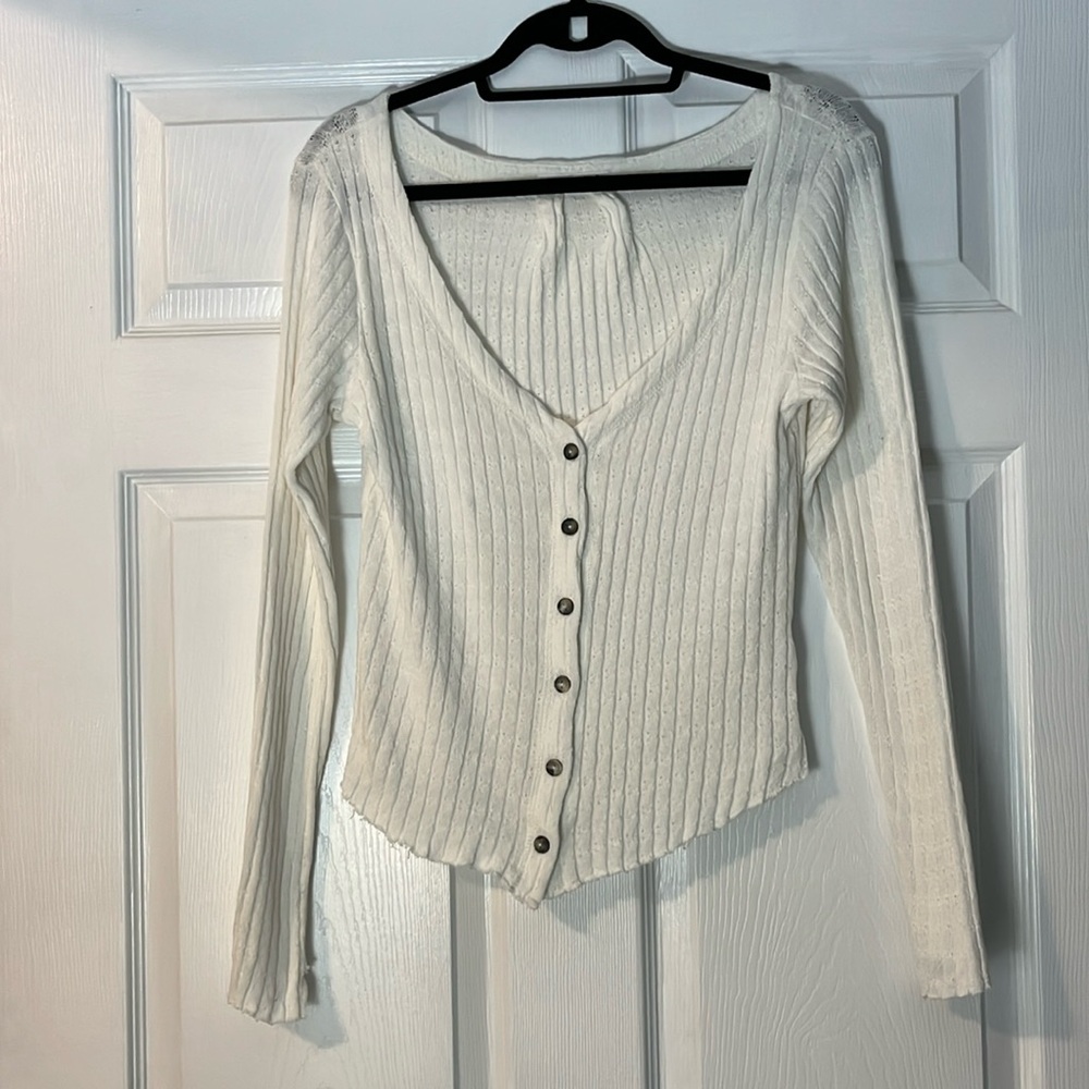 White V-Neck Button Down Sweater